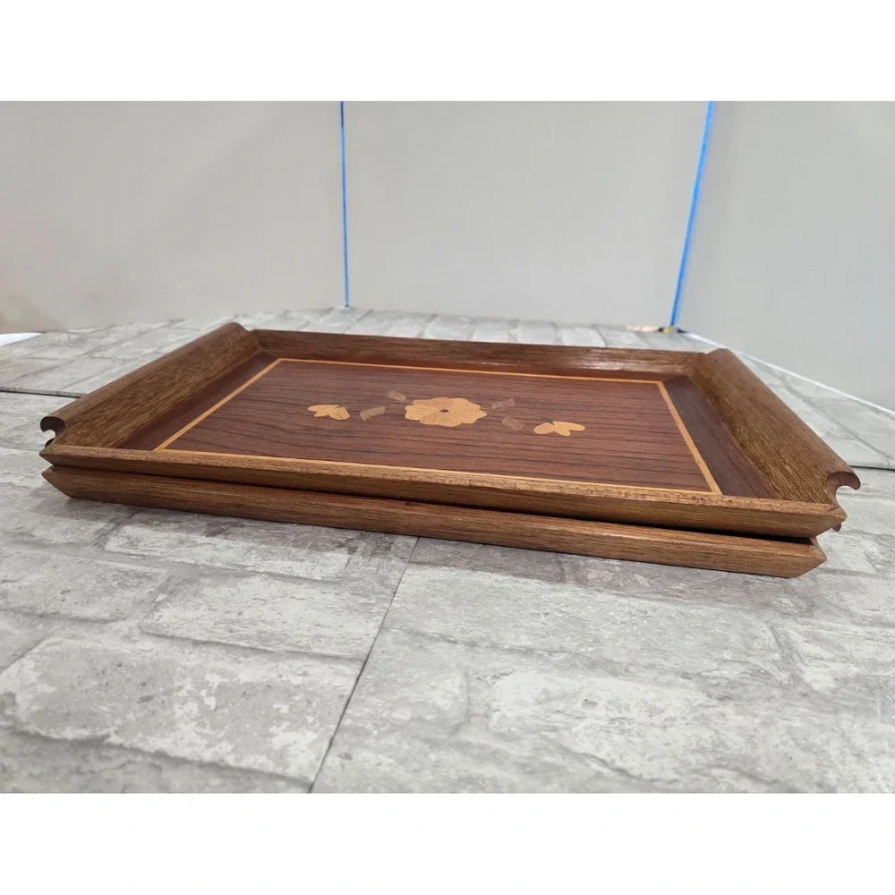 2 Vintage Mid Century Riekes Crisa Wood Inlay Tray Spline Joints Floral Motif